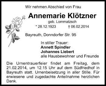 Anzeige von Annemarie Klötzner von Nordbayerischer Kurier