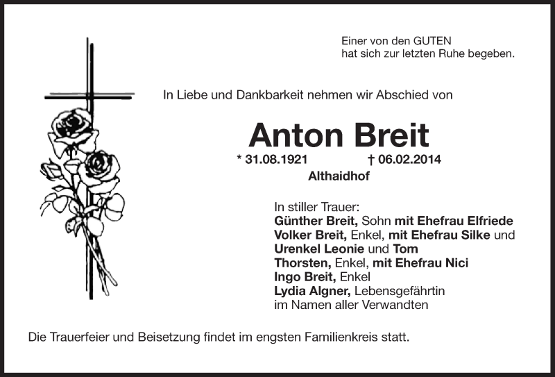  Traueranzeige für Anton Breit vom 17.02.2014 aus Nordbayerischer Kurier