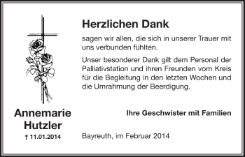 Anzeige von Annemarie Hutzler von Nordbayerischer Kurier