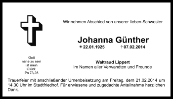Anzeige von Johanna Günther von Nordbayerischer Kurier