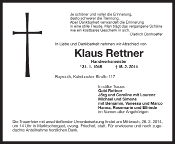 Anzeige von Klaus Rettner von Nordbayerischer Kurier