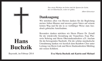 Anzeige von Hans Buchzik von Nordbayerischer Kurier