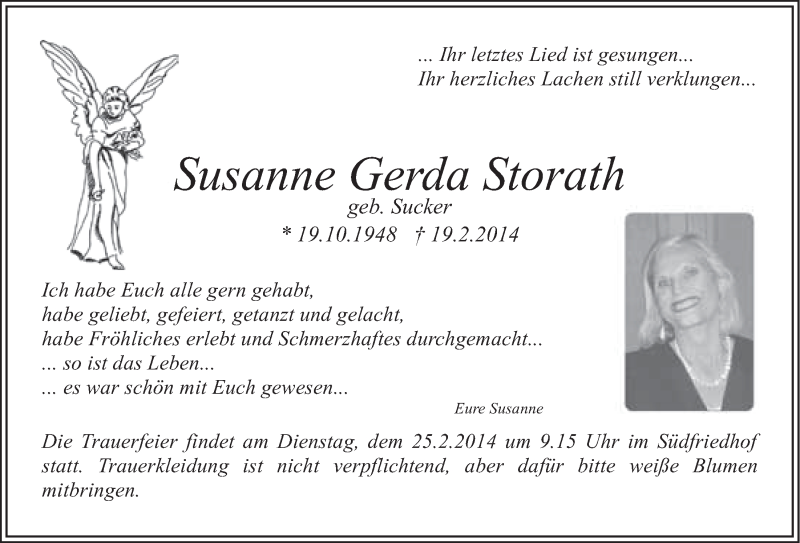  Traueranzeige für Susanne Gerda Storath vom 22.02.2014 aus Nordbayerischer Kurier