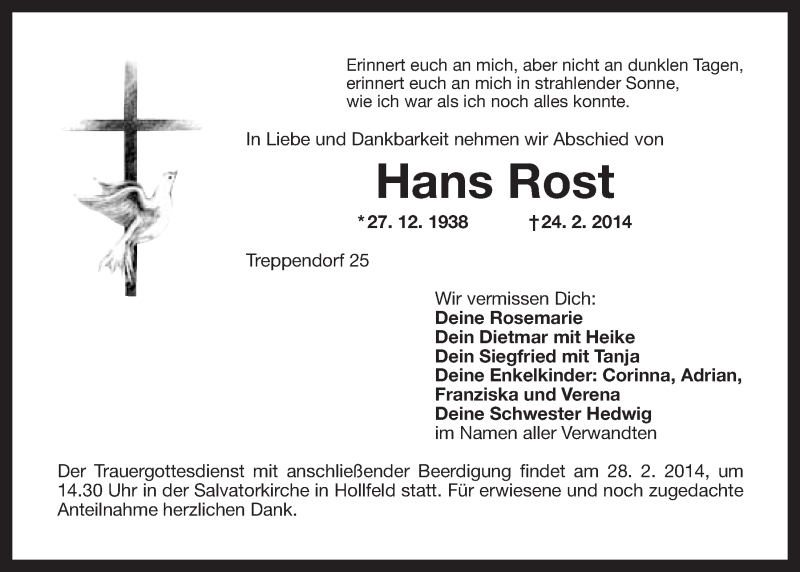  Traueranzeige für Hans Rost vom 26.02.2014 aus Nordbayerischer Kurier
