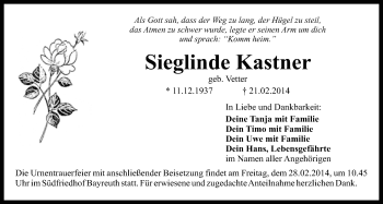 Anzeige von Sieglinde Kastner von Nordbayerischer Kurier