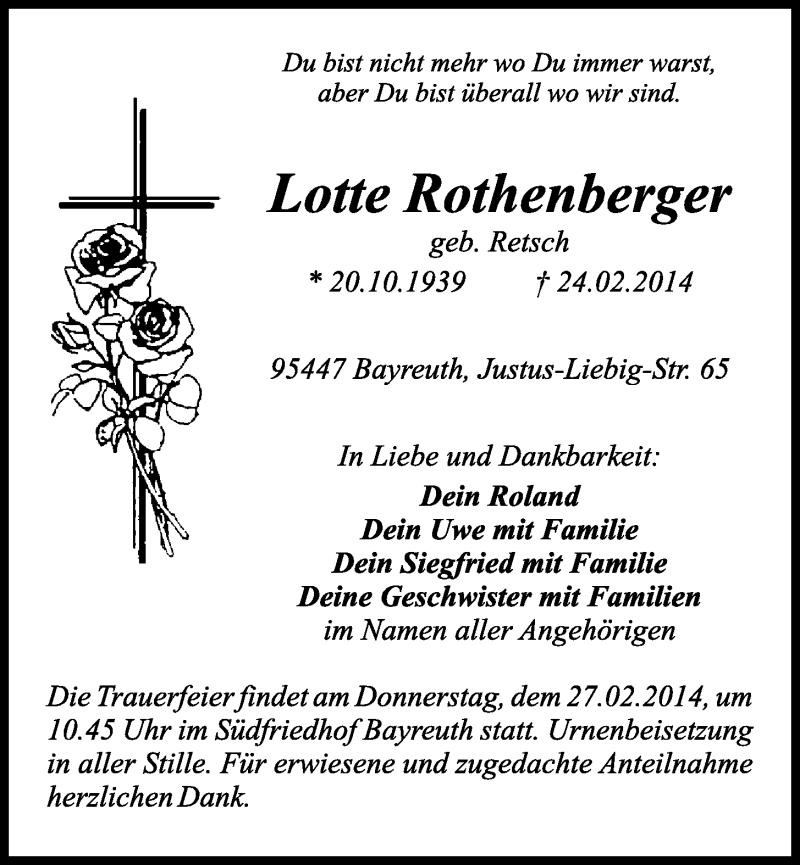  Traueranzeige für Lotte Rothenberger vom 26.02.2014 aus Nordbayerischer Kurier