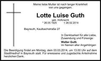 Anzeige von Lotte Luise Guth von Nordbayerischer Kurier