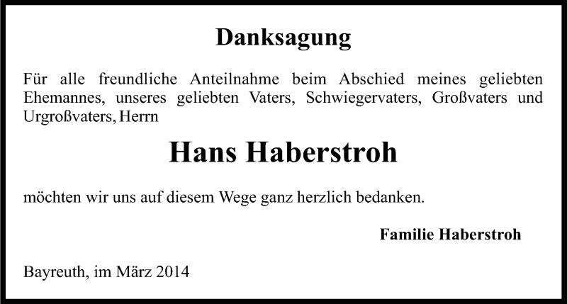  Traueranzeige für Hans Haberstroh vom 01.03.2014 aus Nordbayerischer Kurier