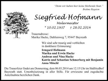 Anzeige von Siegfried Hofmann von Nordbayerischer Kurier