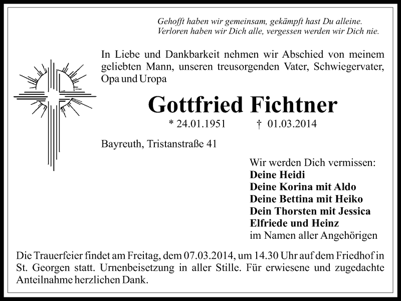  Traueranzeige für Gottfried Fichtner vom 05.03.2014 aus Nordbayerischer Kurier