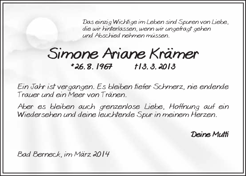  Traueranzeige für Simone Ariane Krämer vom 13.03.2014 aus Nordbayerischer Kurier