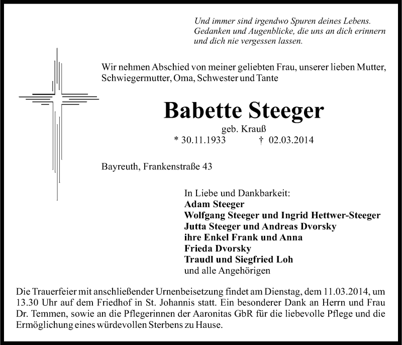  Traueranzeige für Babette Steeger vom 08.03.2014 aus Nordbayerischer Kurier