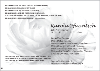 Anzeige von Karola Pfauntsch von Nordbayerischer Kurier