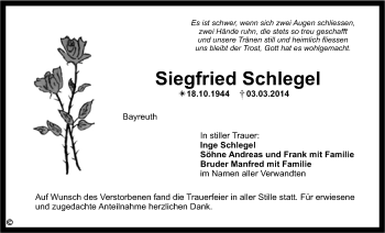 Anzeige von Siegfried Schlegel von Nordbayerischer Kurier