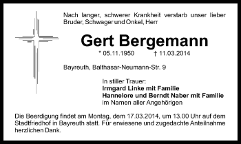 Anzeige von Gert Bergemann von Nordbayerischer Kurier