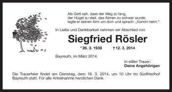 Anzeige von Siegfried Rösler von Nordbayerischer Kurier