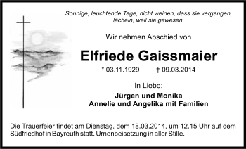 Anzeige von Elfriede Gaissmaier von Nordbayerischer Kurier