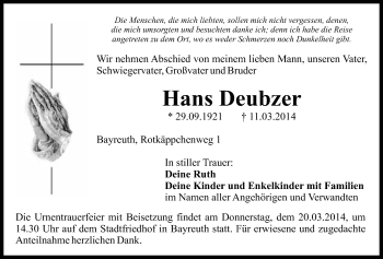 Anzeige von Hans Deubzer von Nordbayerischer Kurier