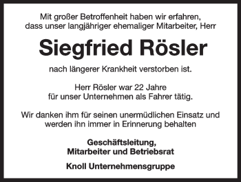 Anzeige von Siegfried Rösler von Nordbayerischer Kurier