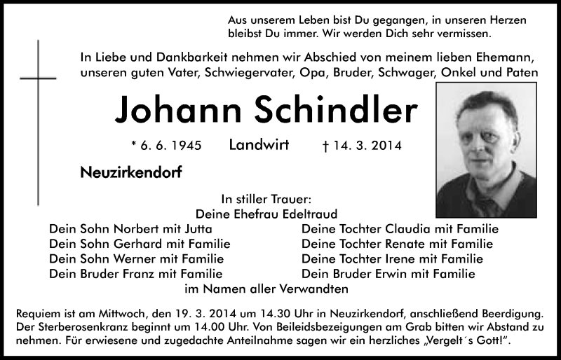  Traueranzeige für Johann Schindler vom 17.03.2014 aus Nordbayerischer Kurier