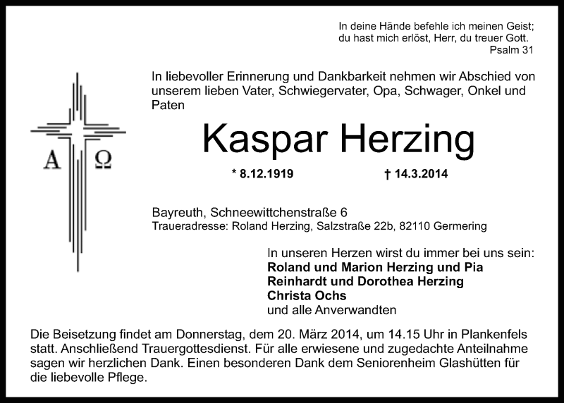  Traueranzeige für Kaspar Herzing vom 18.03.2014 aus Nordbayerischer Kurier