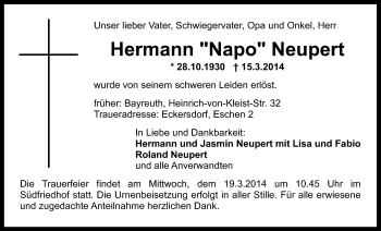 Anzeige von Hermann  Neupert von Nordbayerischer Kurier