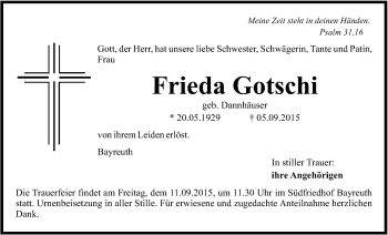 Anzeige von Frieda Gotschi von Nordbayerischer Kurier