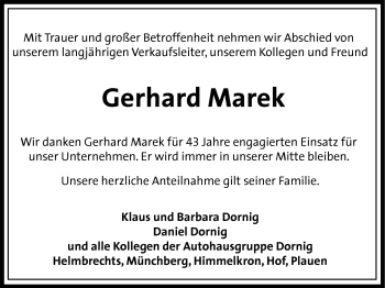 Anzeige von Gerhard Marek von Nordbayerischer Kurier