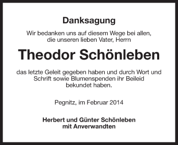 Anzeige von Theodor Schönleben von Nordbayerischer Kurier