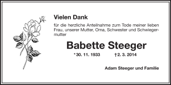 Anzeige von Babette Steeger von Nordbayerischer Kurier