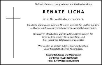 Anzeige von Renate Licha von Nordbayerischer Kurier