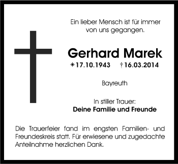 Anzeige von Gerhard Marek von Nordbayerischer Kurier