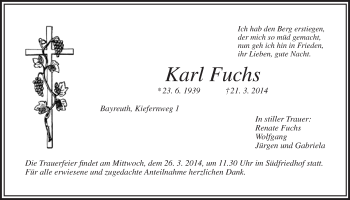 Anzeige von Karl Fuchs von Nordbayerischer Kurier
