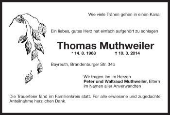 Anzeige von Thomas Muthweiler von Nordbayerischer Kurier