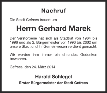 Anzeige von Gerhard Marek von Nordbayerischer Kurier