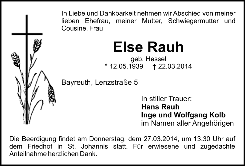  Traueranzeige für Else Rauh vom 25.03.2014 aus Nordbayerischer Kurier