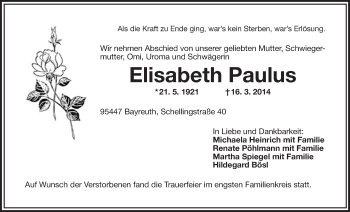 Anzeige von Elisabeth Paulus von Nordbayerischer Kurier