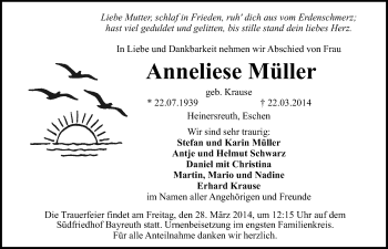 Anzeige von Anneliese Müller von Nordbayerischer Kurier