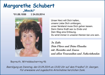 Anzeige von Margarethe Schubert von Nordbayerischer Kurier