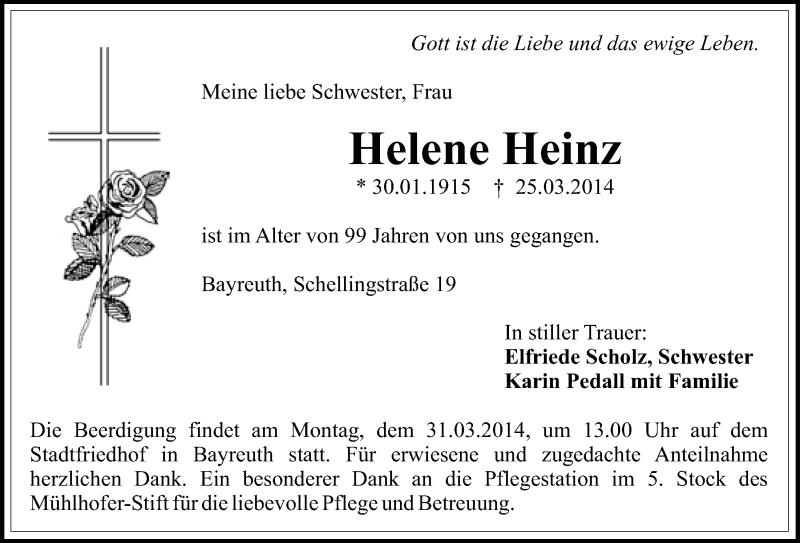  Traueranzeige für Helene Heinz vom 28.03.2014 aus Nordbayerischer Kurier