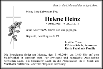 Anzeige von Helene Heinz von Nordbayerischer Kurier