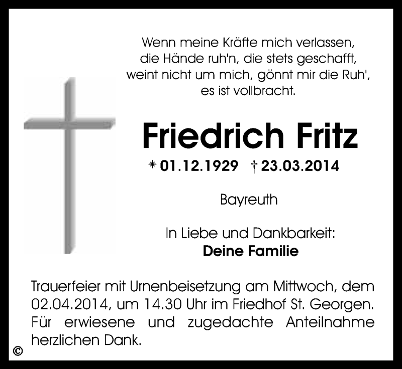  Traueranzeige für Friedrich Fritz vom 29.03.2014 aus Nordbayerischer Kurier