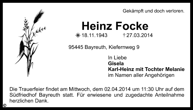  Traueranzeige für Heinz Focke vom 29.03.2014 aus Nordbayerischer Kurier