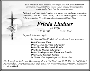 Anzeige von Frieda Lindner von Nordbayerischer Kurier