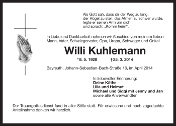 Anzeige von Willi Kuhlemann von Nordbayerischer Kurier