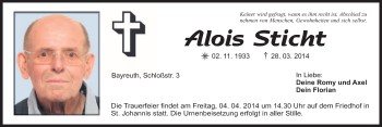 Anzeige von Alois Sticht von Nordbayerischer Kurier