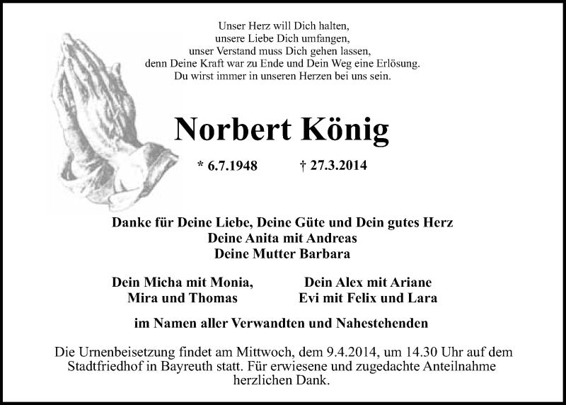  Traueranzeige für Norbert König vom 05.04.2014 aus Nordbayerischer Kurier