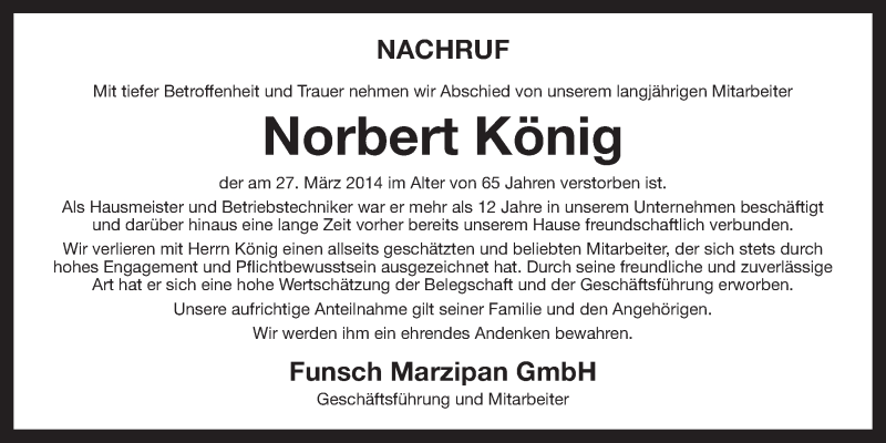  Traueranzeige für Norbert König vom 05.04.2014 aus Nordbayerischer Kurier