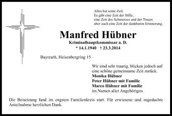 Anzeige von Manfred Hübner von Nordbayerischer Kurier
