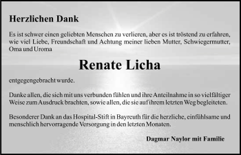 Anzeige von Renate Licha von Nordbayerischer Kurier